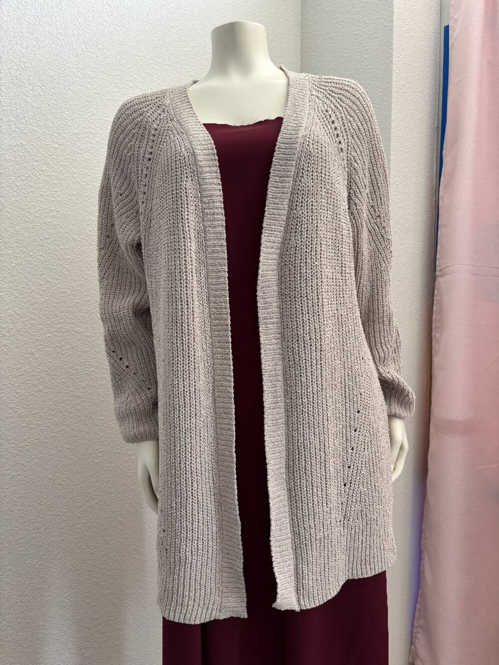 Chenille Cardigan Size Large Open Front Beige Knit Duster Sweater Boho Cozy